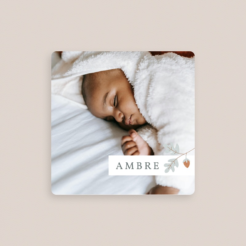Carte de Remerciement Naissance Tendres feuilles de chêne, magnet carré gratuit