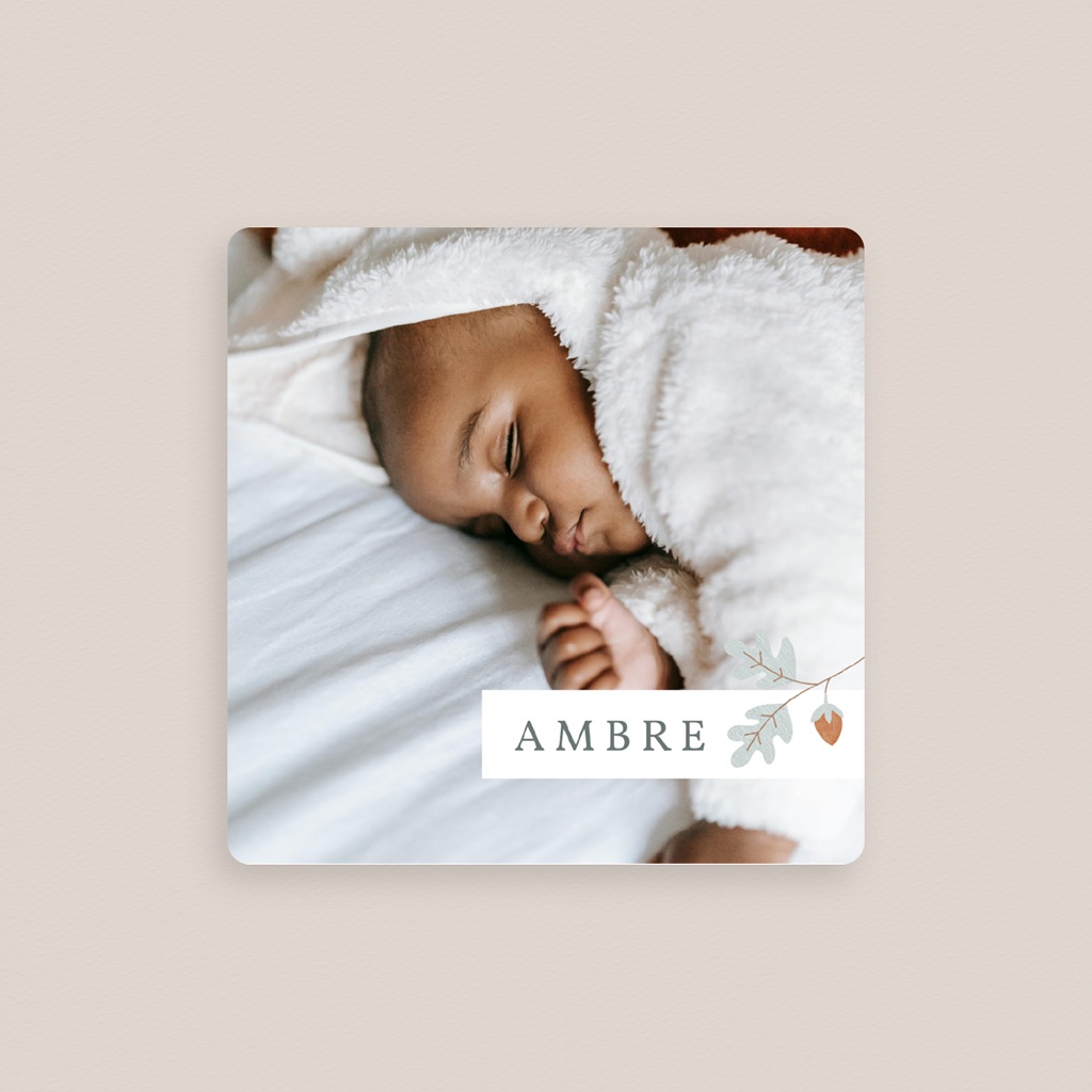 Carte de Remerciement Naissance Tendres feuilles de chêne, magnet carré gratuit