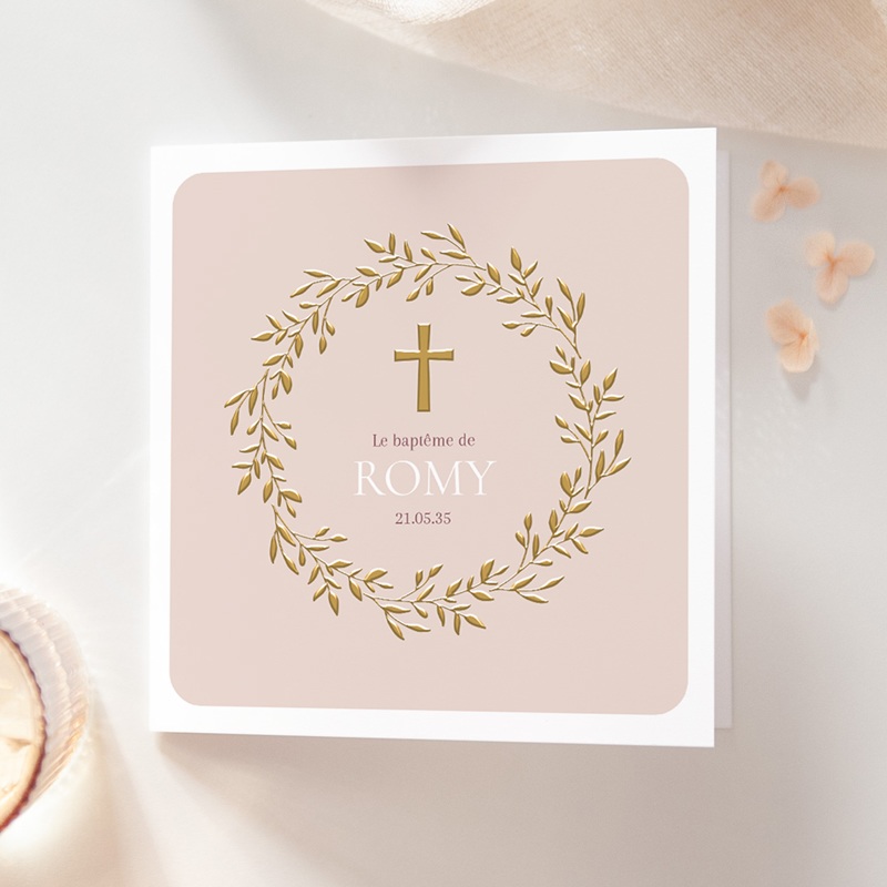 Faire-part de Bapt&ecirc;me Douce Gr&acirc;ce Rose