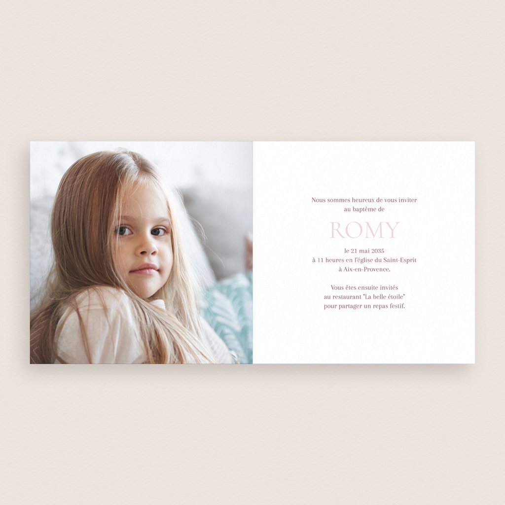 Faire-part de Bapt&ecirc;me Douce Gr&acirc;ce Rose