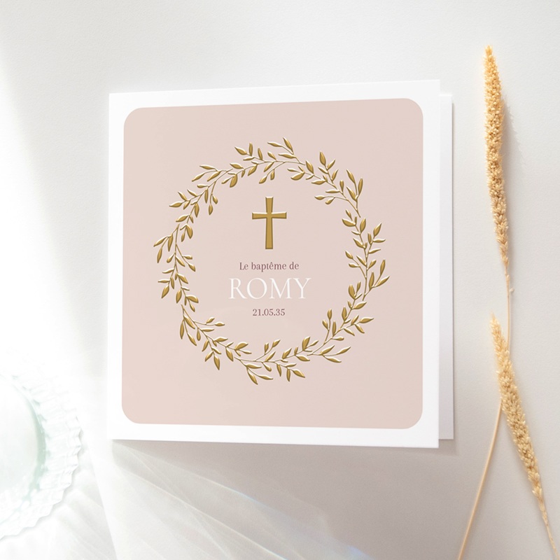Faire-part de Bapt&ecirc;me Douce Gr&acirc;ce Rose