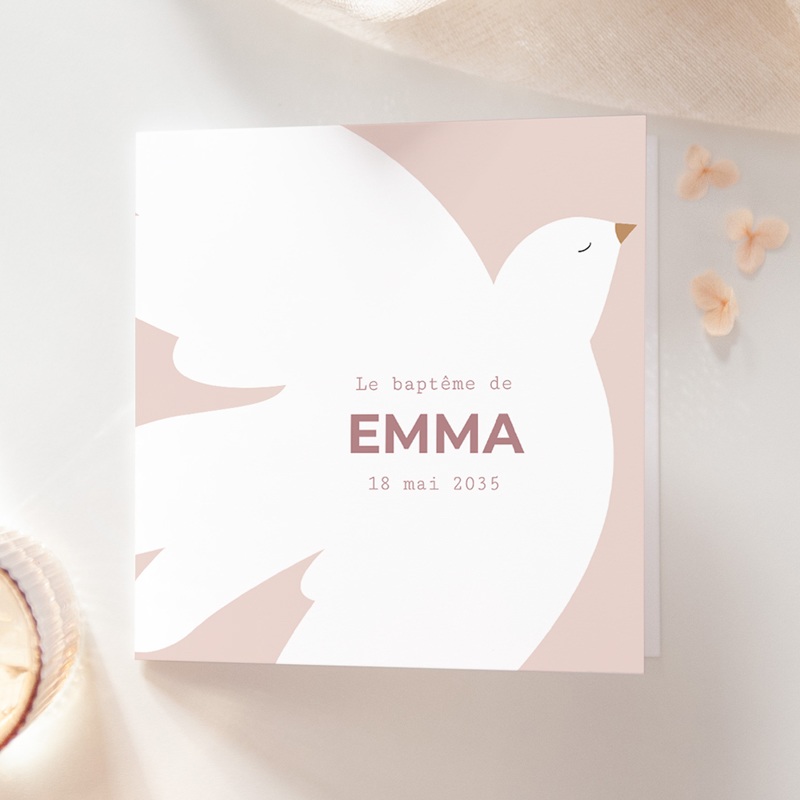 Faire-part de Bapt&ecirc;me Ailes de Lumi&egrave;re Rose
