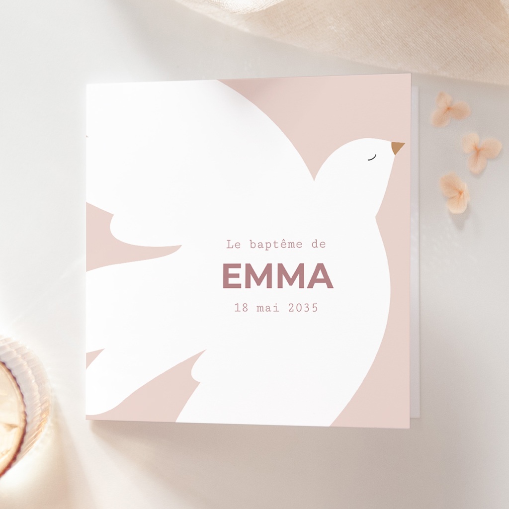 Faire-part de Bapt&ecirc;me Ailes de Lumi&egrave;re Rose