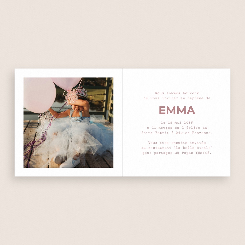 Faire-part de Bapt&ecirc;me Ailes de Lumi&egrave;re Rose