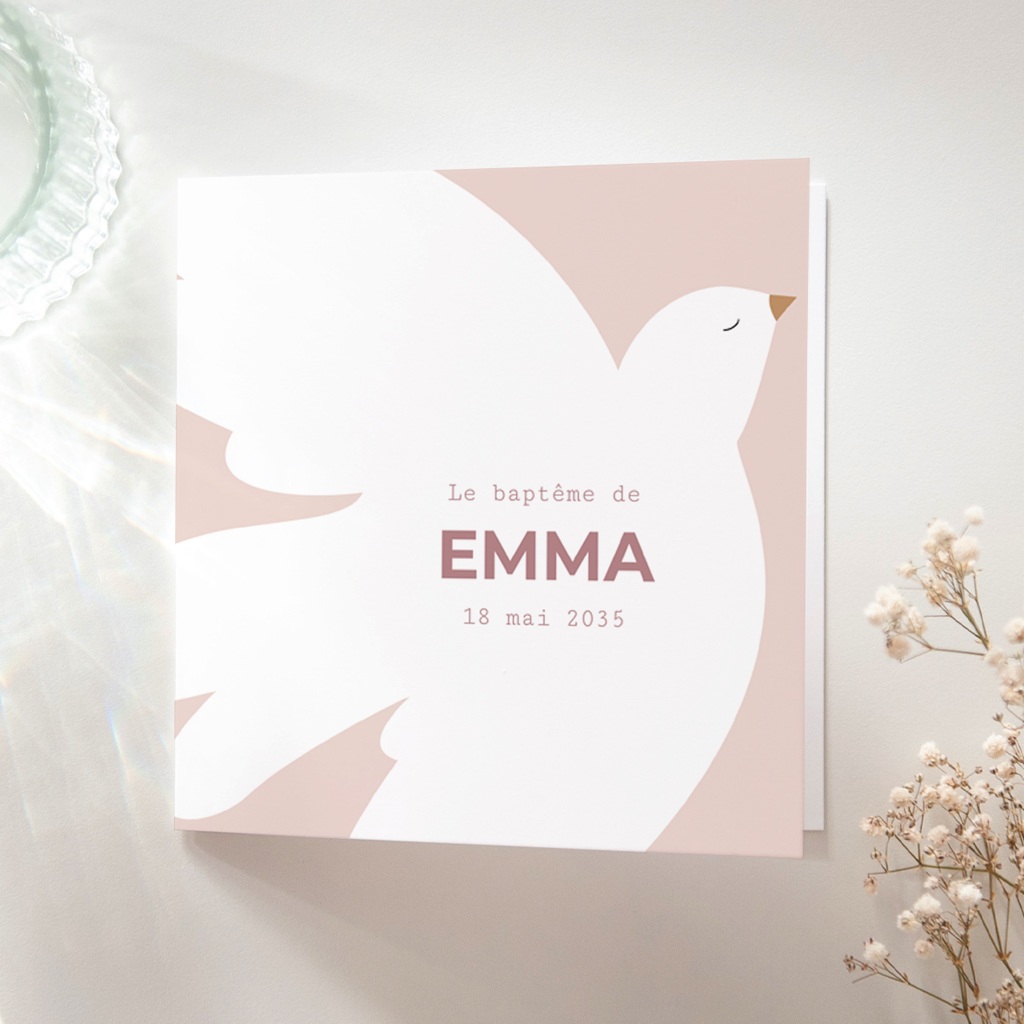 Faire-part de Bapt&ecirc;me Ailes de Lumi&egrave;re Rose