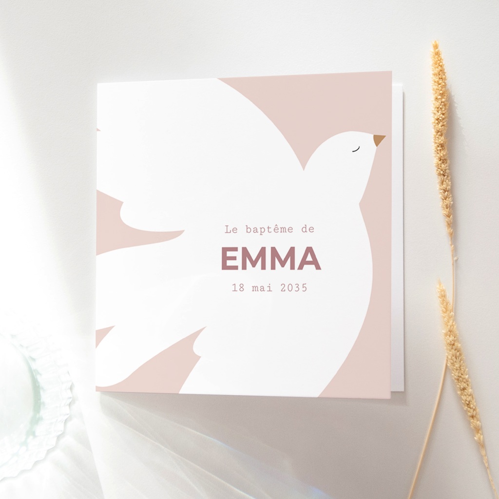 Faire-part de Bapt&ecirc;me Ailes de Lumi&egrave;re Rose