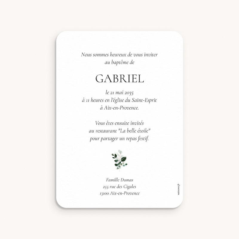 Faire-part de Bapt&ecirc;me Souffle d&rsquo;Eucalyptus pas cher