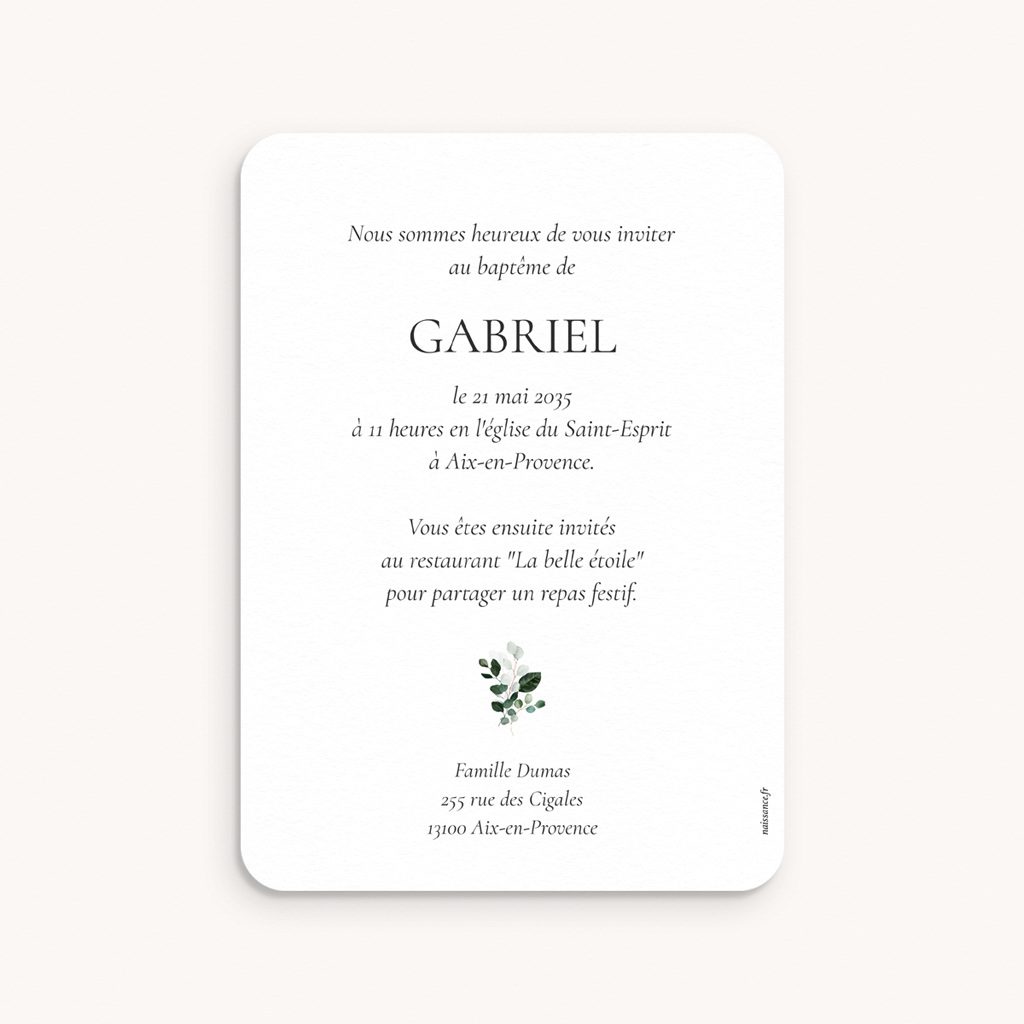 Faire-part de Bapt&ecirc;me Souffle d&rsquo;Eucalyptus pas cher