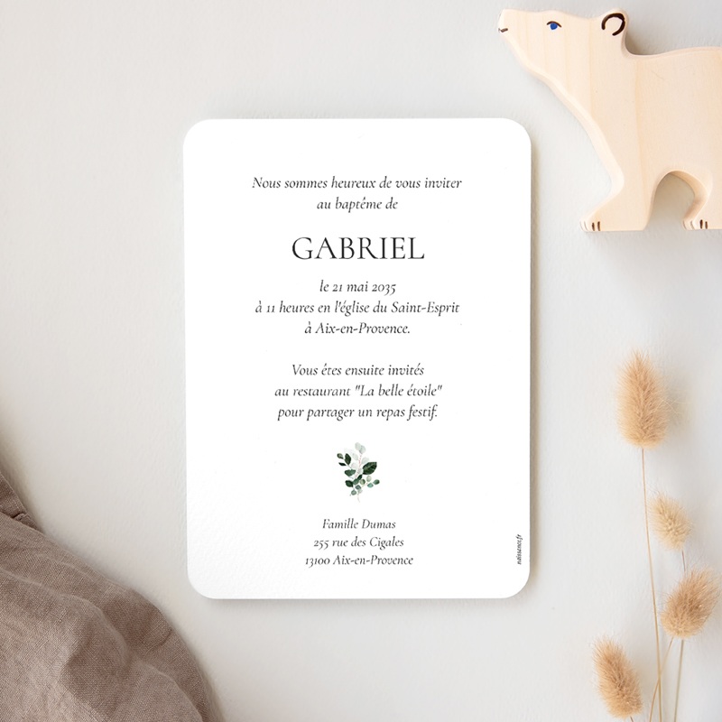 Faire-part de Bapt&ecirc;me Souffle d&rsquo;Eucalyptus