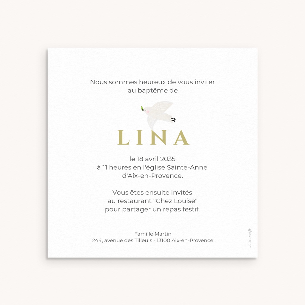 Faire-part de Bapt&ecirc;me Un Souffle de Paix pas cher
