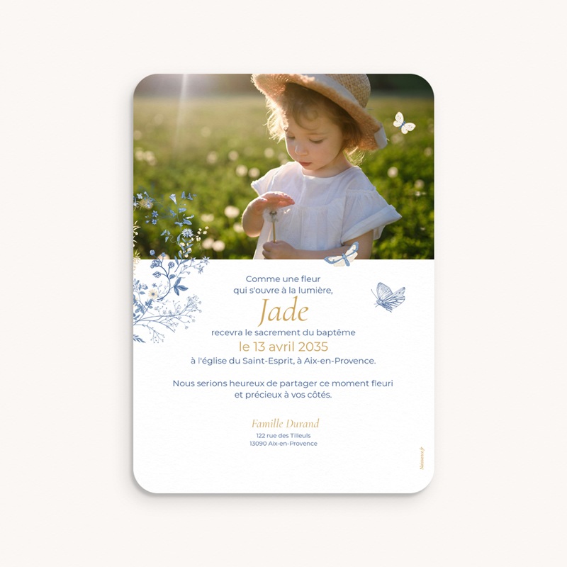 Faire-part de Bapt&ecirc;me Herbes de Lumi&egrave;re pas cher