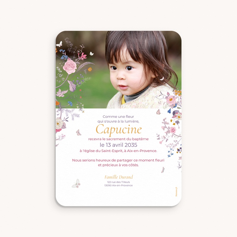 Faire-part de Bapt&ecirc;me La douce floraison pas cher