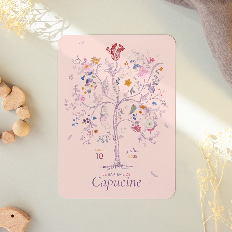 Faire-part de Bapt&ecirc;me La douce floraison