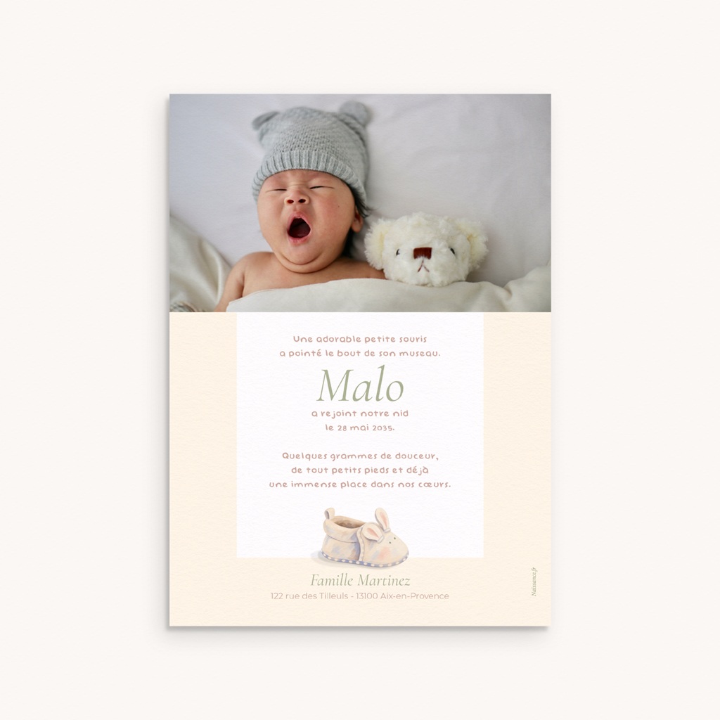 Faire-part de Naissance Souris chausson vert pas cher