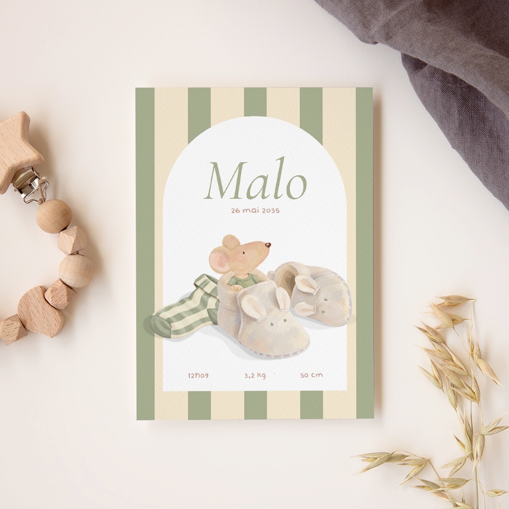 Faire-part de Naissance Souris chausson vert gratuit